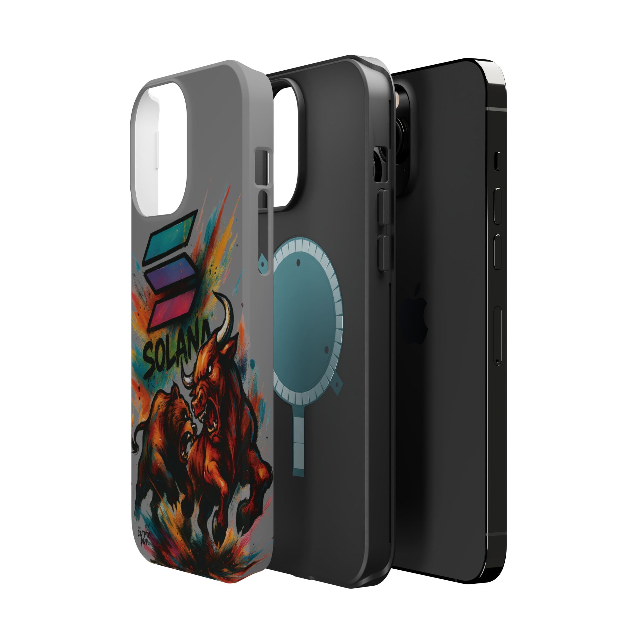 Solana Crypto Phone Case iPhone Case for iPhone 16 15 14 13 MagSafe Tough Case with Bull vs Bear Art Crypto Accessories for Degens