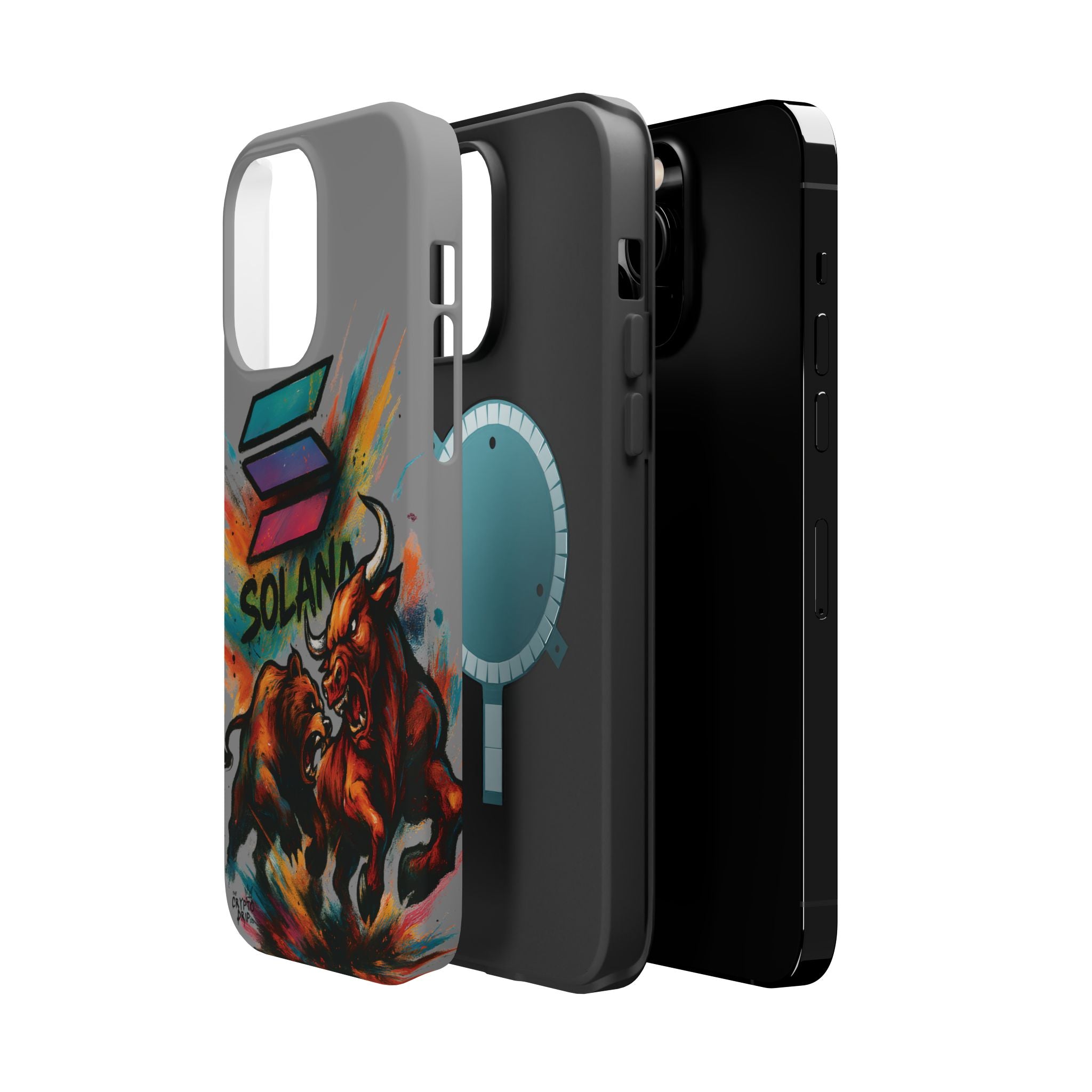 Solana Crypto Phone Case iPhone Case for iPhone 16 15 14 13 MagSafe Tough Case with Bull vs Bear Art Crypto Accessories for Degens