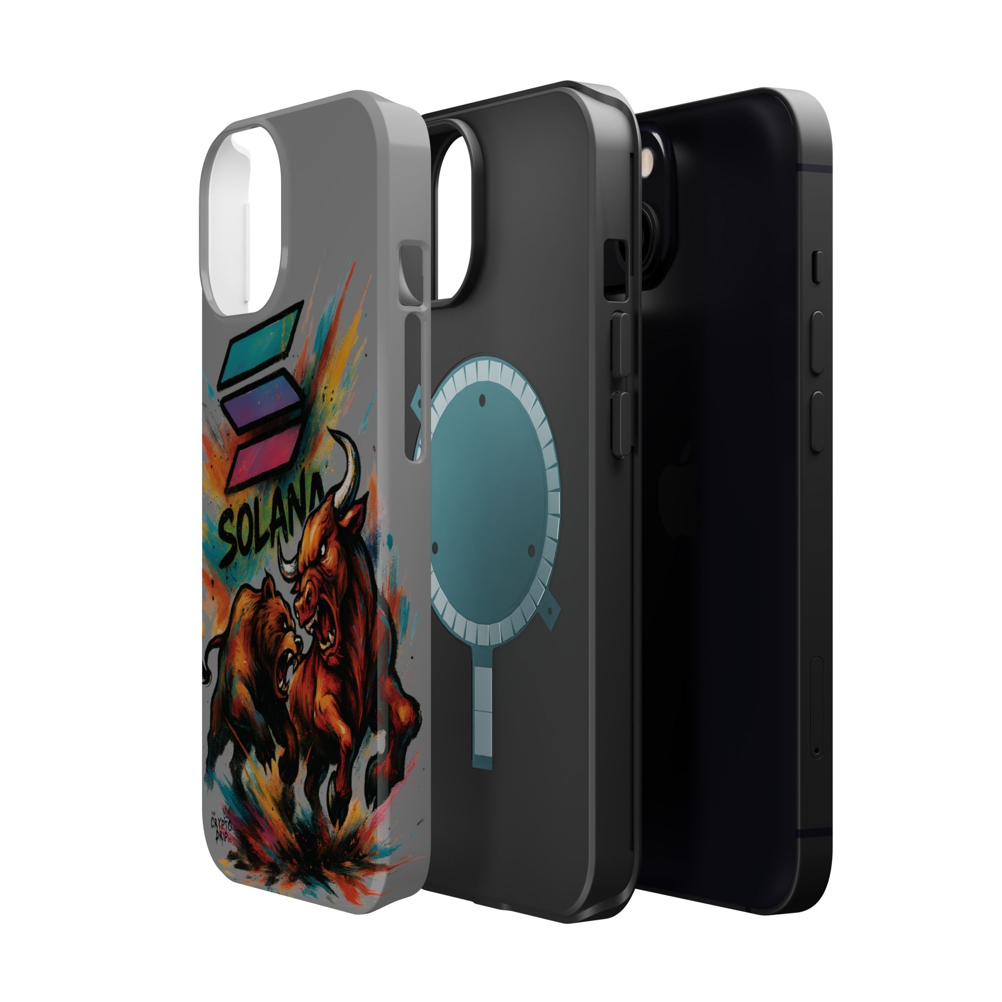 Solana Crypto Phone Case iPhone Case for iPhone 16 15 14 13 MagSafe Tough Case with Bull vs Bear Art Crypto Accessories for Degens