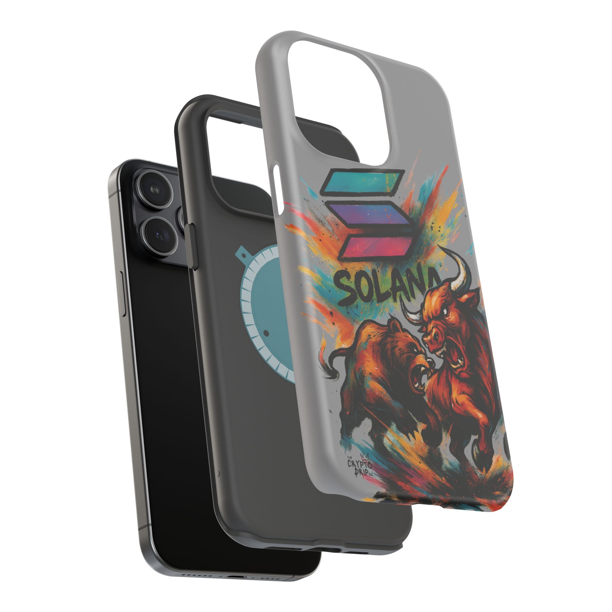 Solana Crypto Phone Case iPhone Case for iPhone 16 15 14 13 MagSafe Tough Case with Bull vs Bear Art Crypto Accessories for Degens