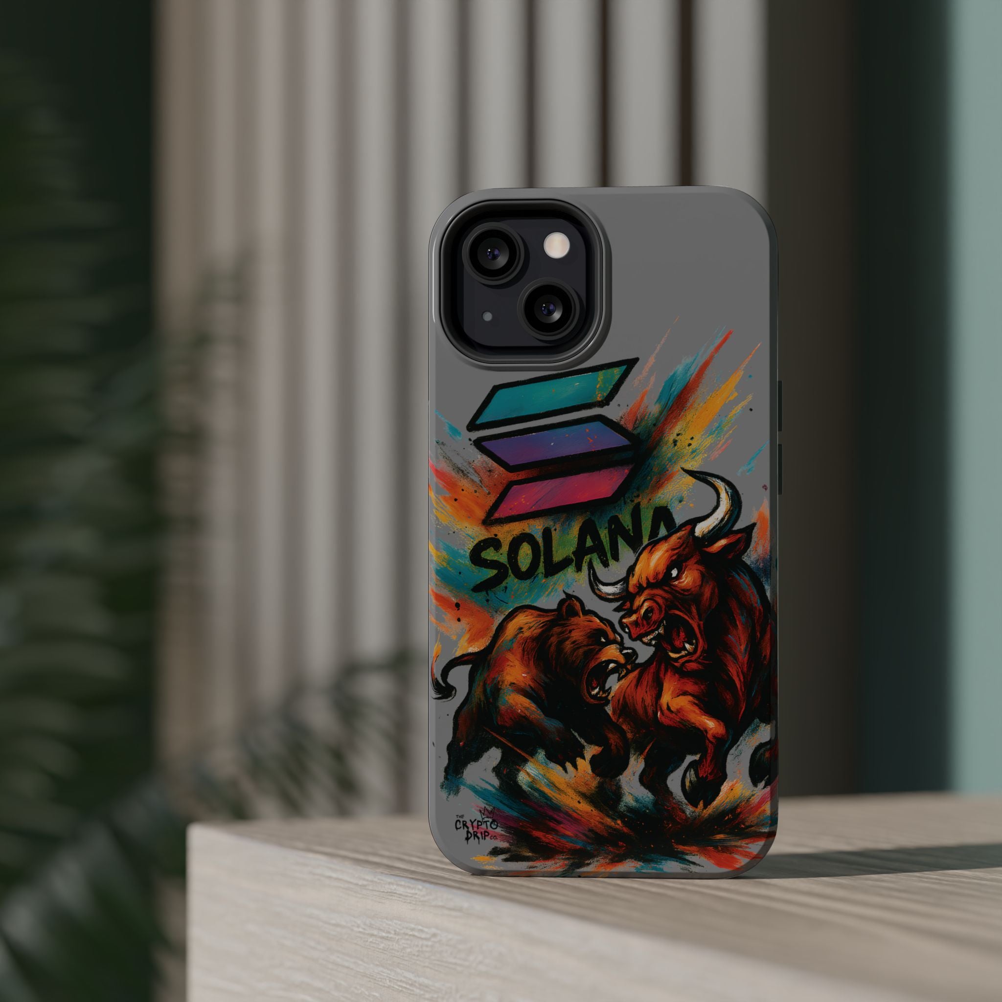 Solana Crypto Phone Case iPhone Case for iPhone 16 15 14 13 MagSafe Tough Case with Bull vs Bear Art Crypto Accessories for Degens