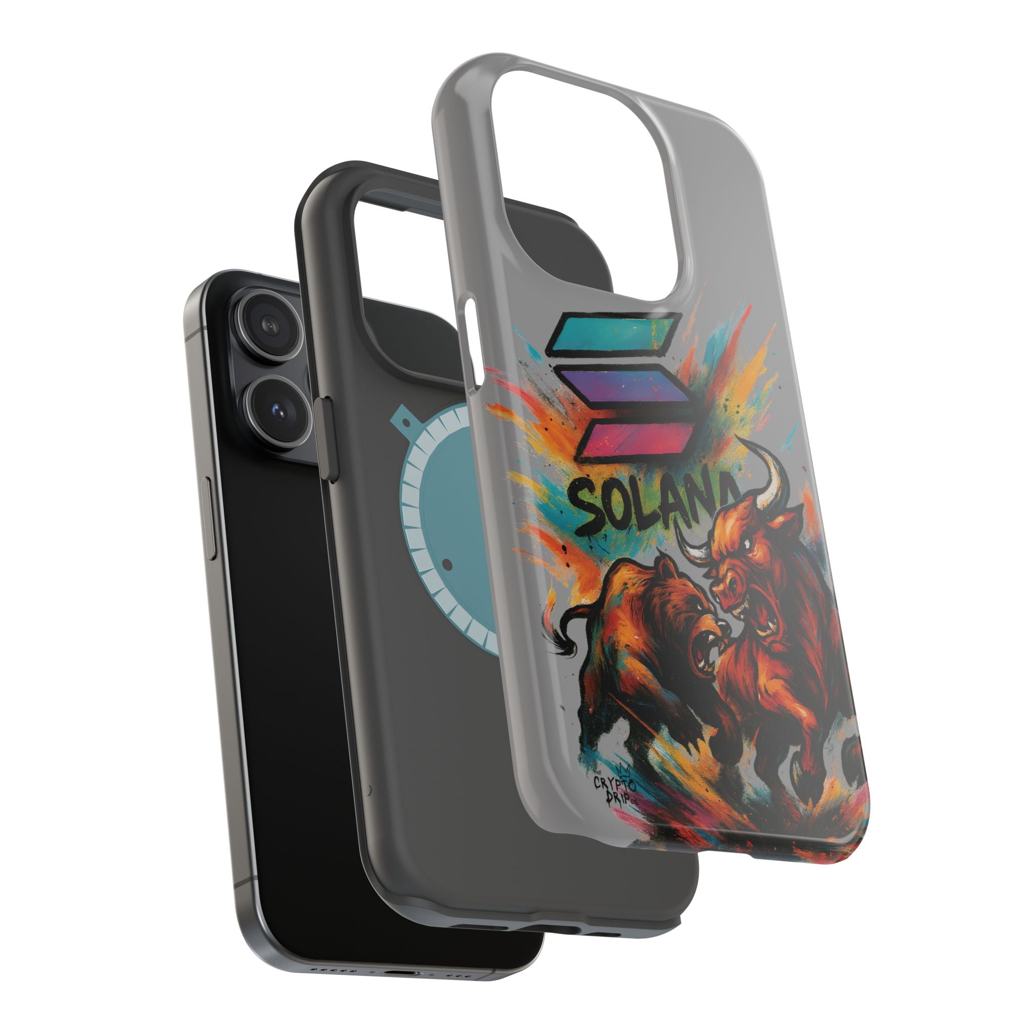 Solana Crypto Phone Case iPhone Case for iPhone 16 15 14 13 MagSafe Tough Case with Bull vs Bear Art Crypto Accessories for Degens