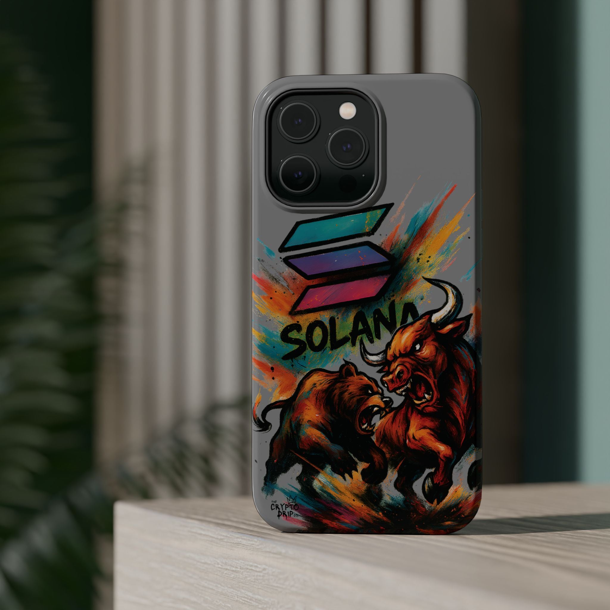 Solana Crypto Phone Case iPhone Case for iPhone 16 15 14 13 MagSafe Tough Case with Bull vs Bear Art Crypto Accessories for Degens