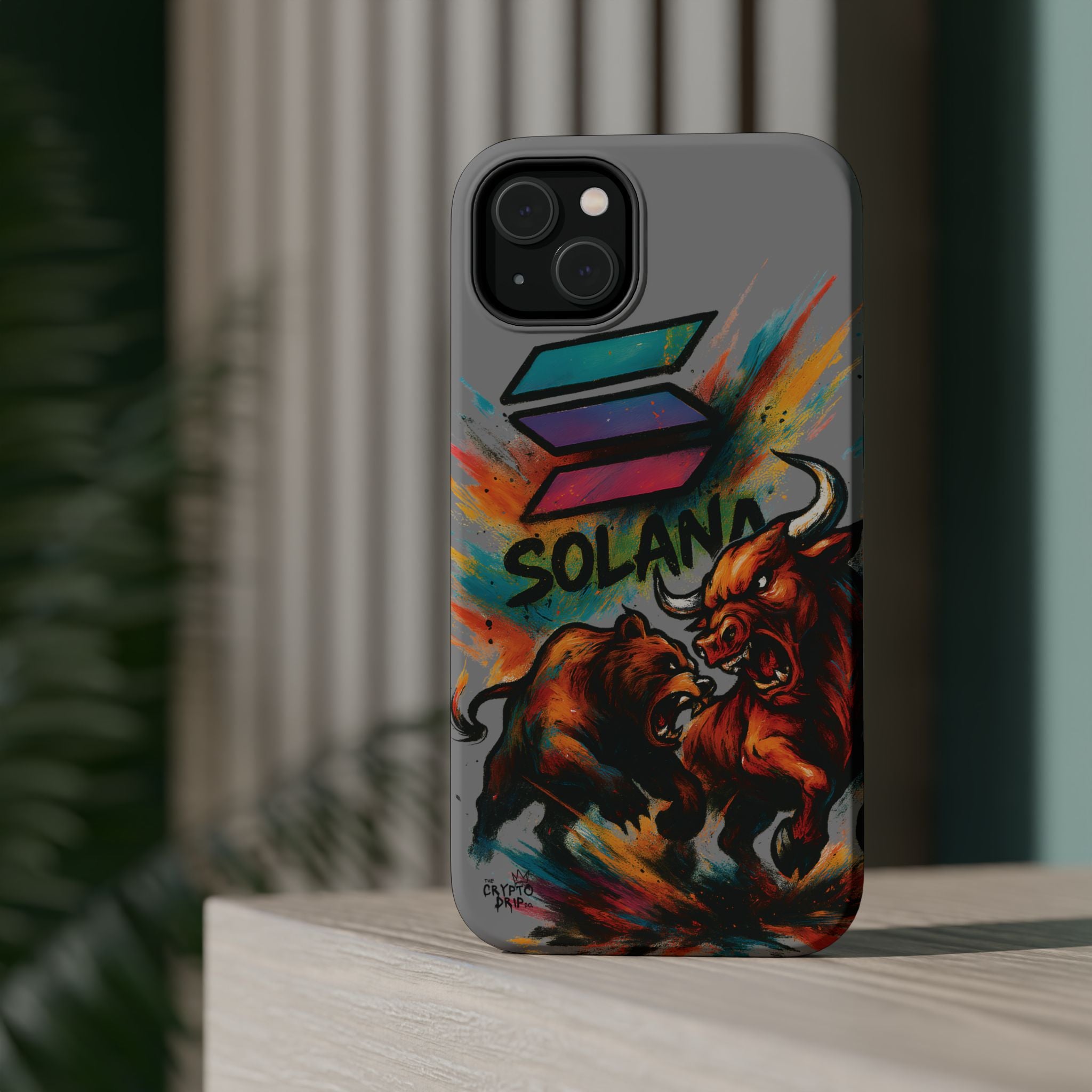 Solana Crypto Phone Case iPhone Case for iPhone 16 15 14 13 MagSafe Tough Case with Bull vs Bear Art Crypto Accessories for Degens