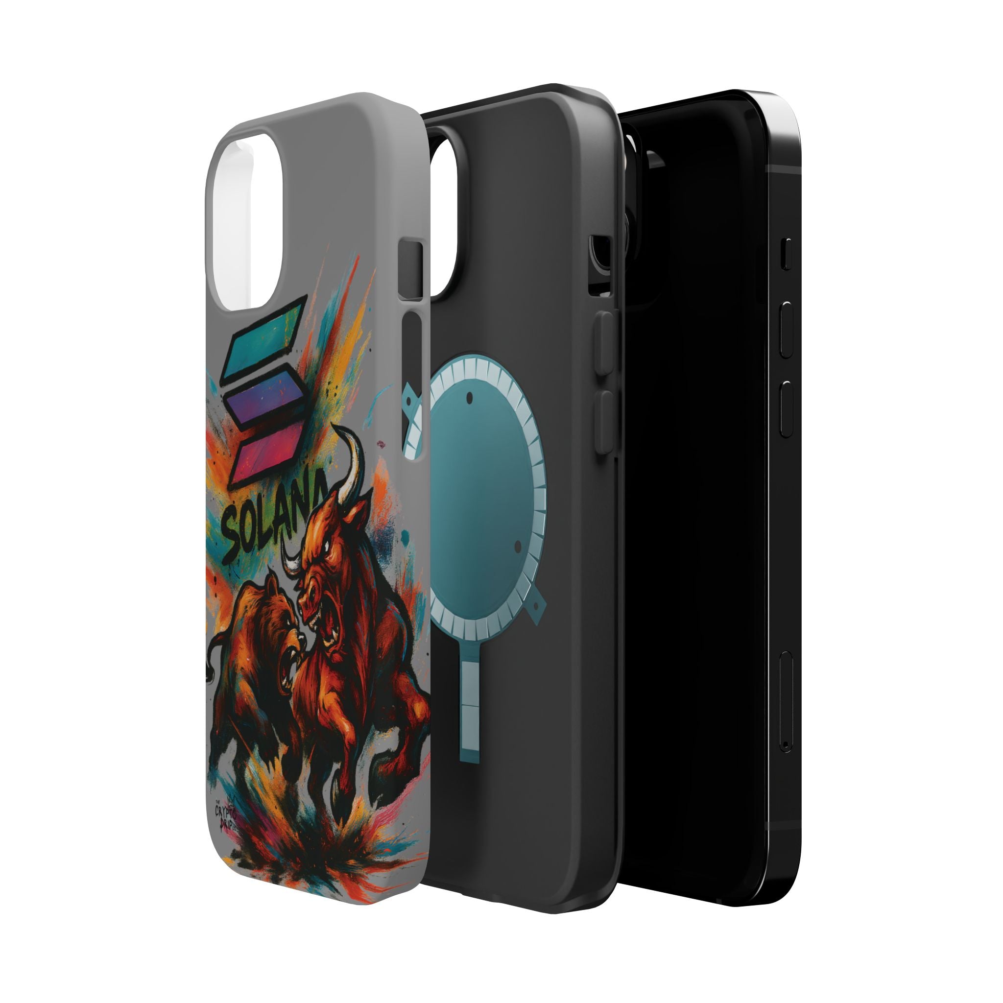 Solana Crypto Phone Case iPhone Case for iPhone 16 15 14 13 MagSafe Tough Case with Bull vs Bear Art Crypto Accessories for Degens