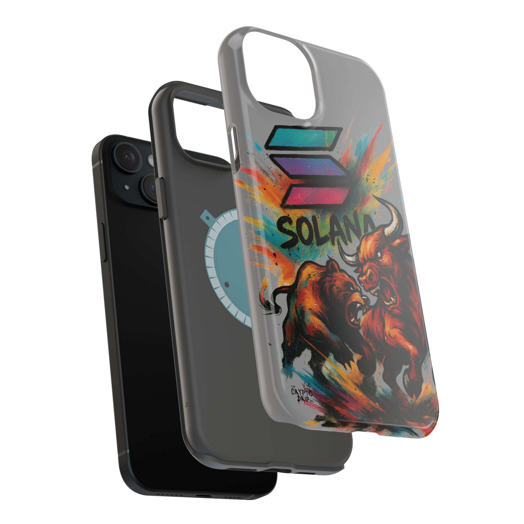 Solana Crypto Phone Case iPhone Case for iPhone 16 15 14 13 MagSafe Tough Case with Bull vs Bear Art Crypto Accessories for Degens