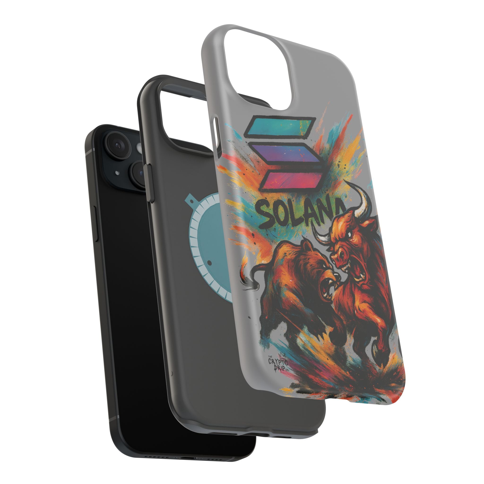 Solana Crypto Phone Case iPhone Case for iPhone 16 15 14 13 MagSafe Tough Case with Bull vs Bear Art Crypto Accessories for Degens