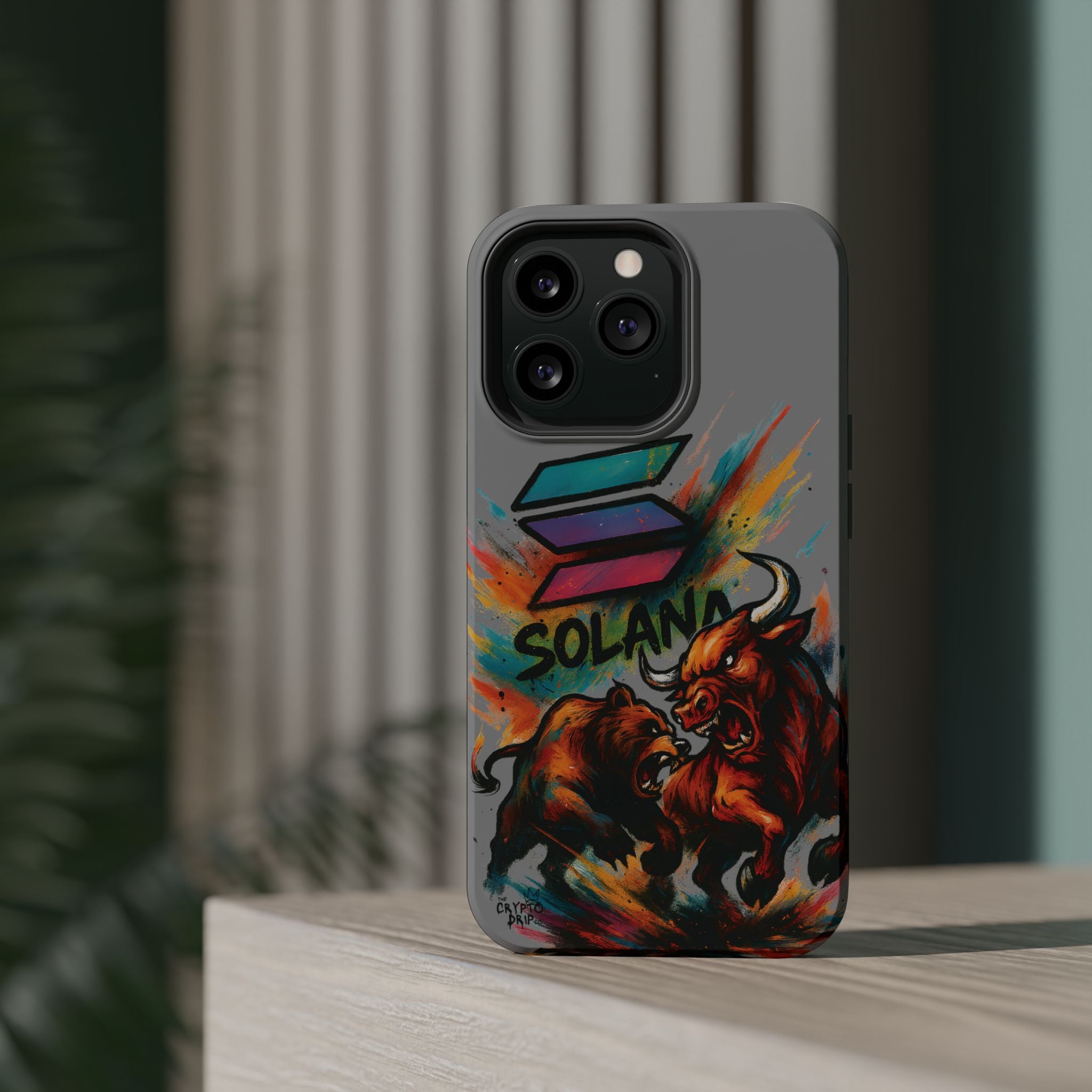 Solana Crypto Phone Case iPhone Case for iPhone 16 15 14 13 MagSafe Tough Case with Bull vs Bear Art Crypto Accessories for Degens