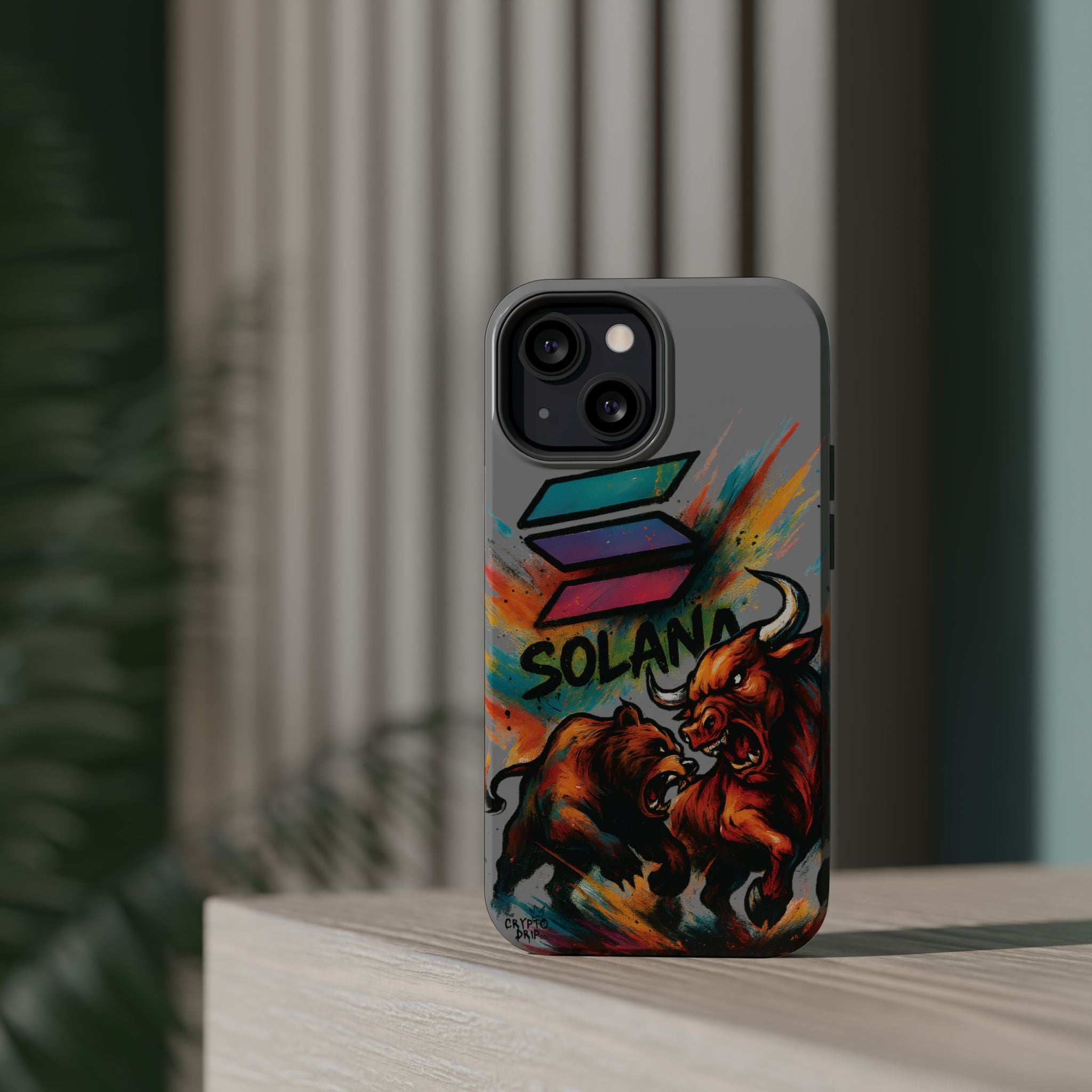 Solana Crypto Phone Case iPhone Case for iPhone 16 15 14 13 MagSafe Tough Case with Bull vs Bear Art Crypto Accessories for Degens