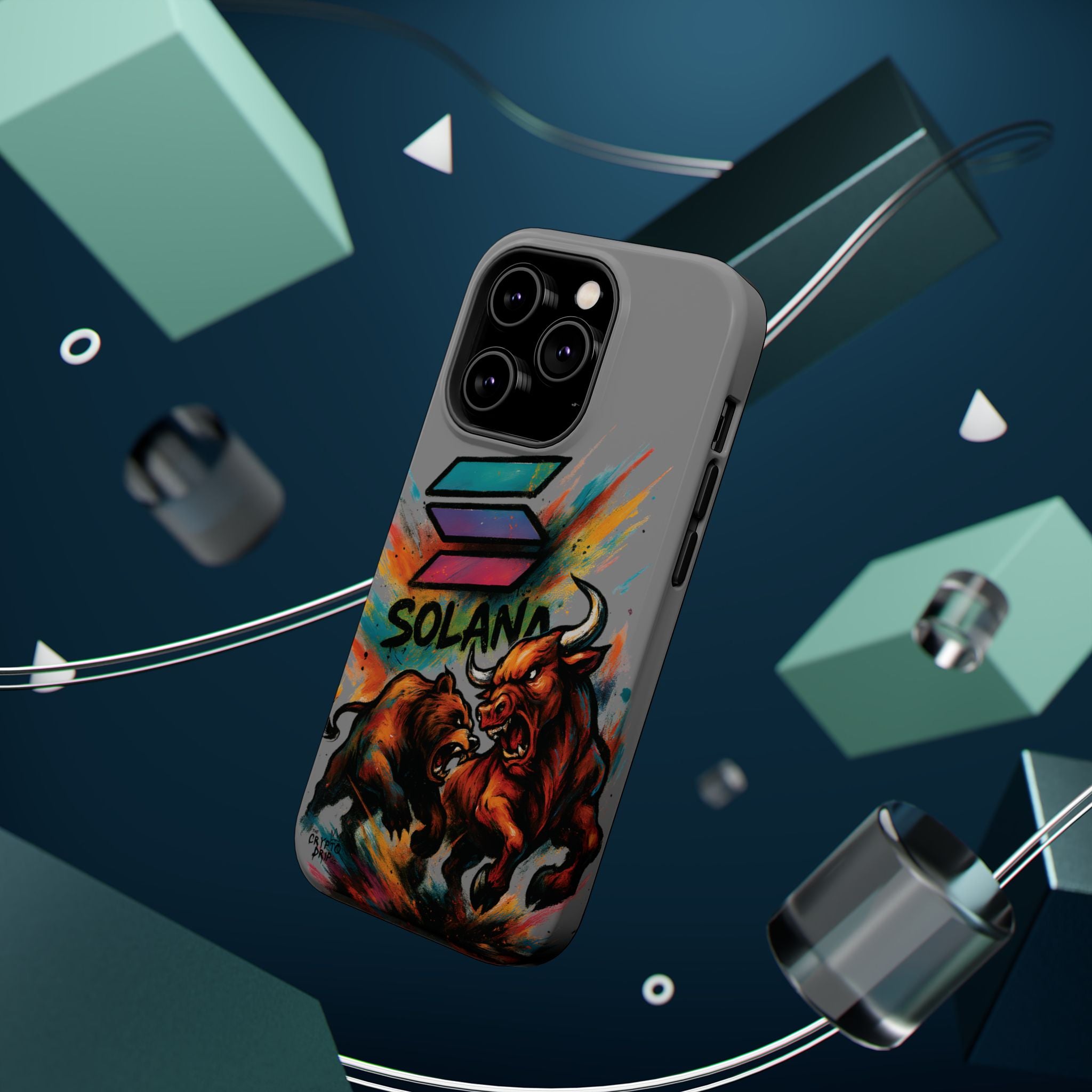 Solana Crypto Phone Case iPhone Case for iPhone 16 15 14 13 MagSafe Tough Case with Bull vs Bear Art Crypto Accessories for Degens