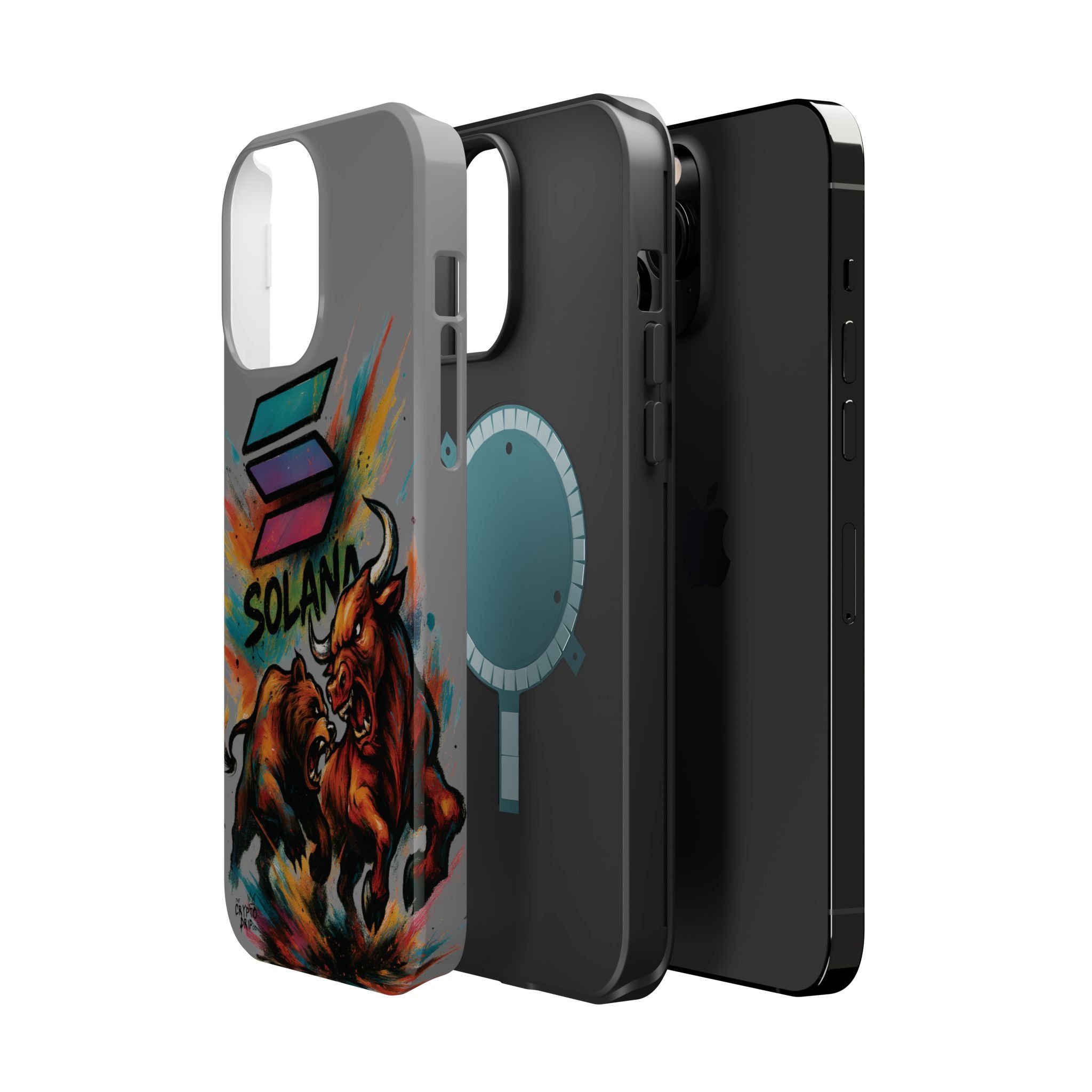 Solana Crypto Phone Case iPhone Case for iPhone 16 15 14 13 MagSafe Tough Case with Bull vs Bear Art Crypto Accessories for Degens