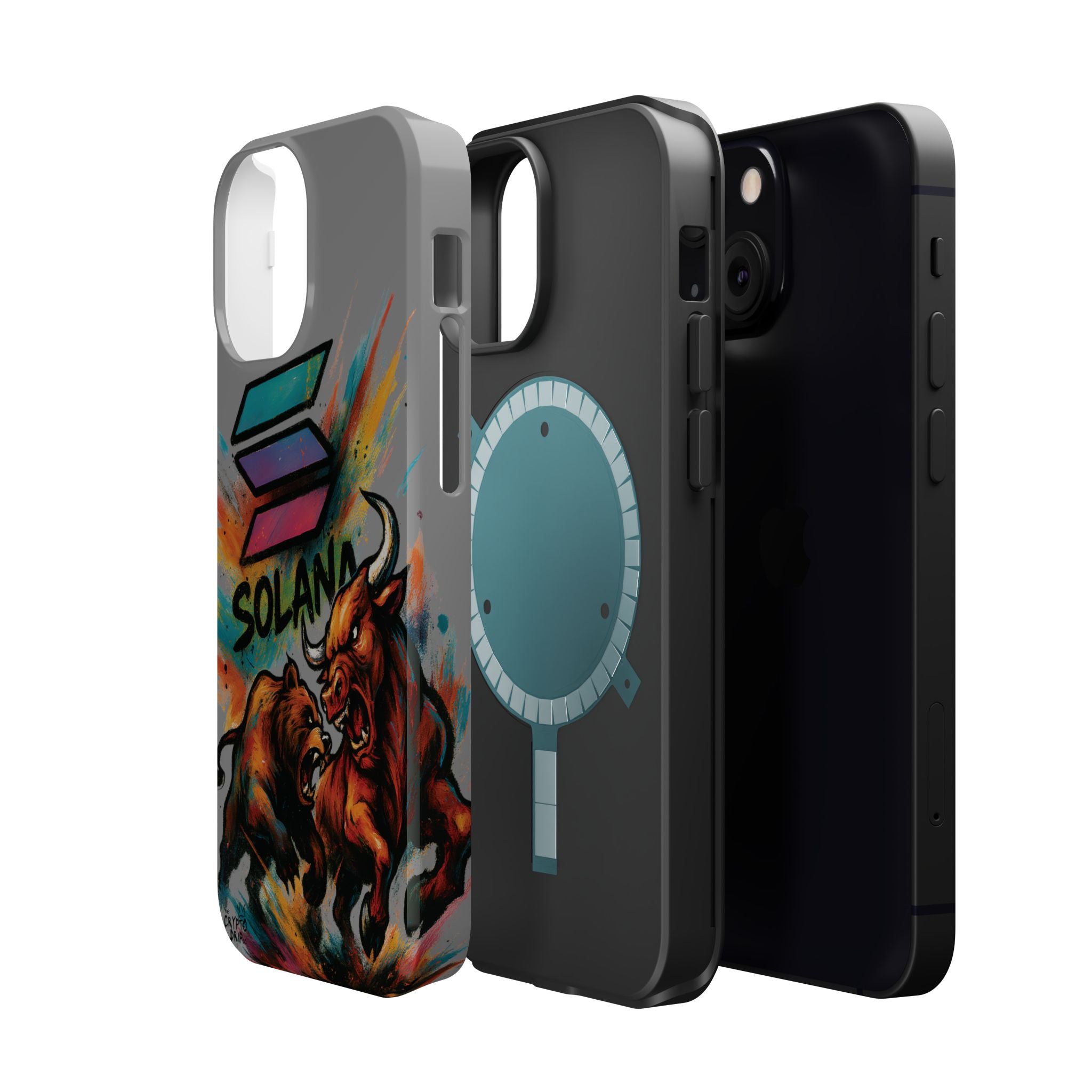 Solana Crypto Phone Case iPhone Case for iPhone 16 15 14 13 MagSafe Tough Case with Bull vs Bear Art Crypto Accessories for Degens