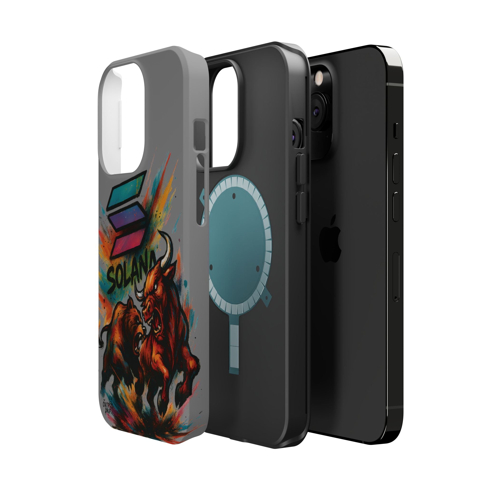 Solana Crypto Phone Case iPhone Case for iPhone 16 15 14 13 MagSafe Tough Case with Bull vs Bear Art Crypto Accessories for Degens