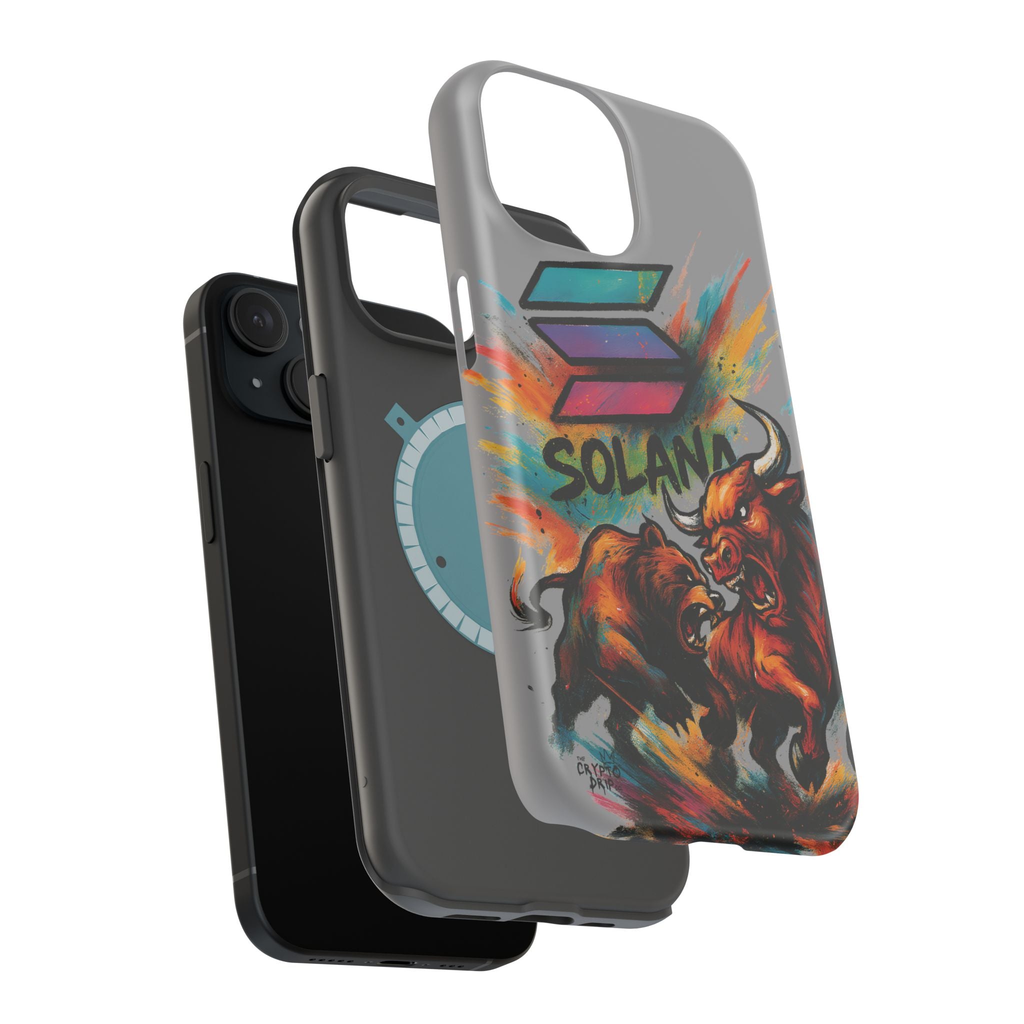 Solana Crypto Phone Case iPhone Case for iPhone 16 15 14 13 MagSafe Tough Case with Bull vs Bear Art Crypto Accessories for Degens