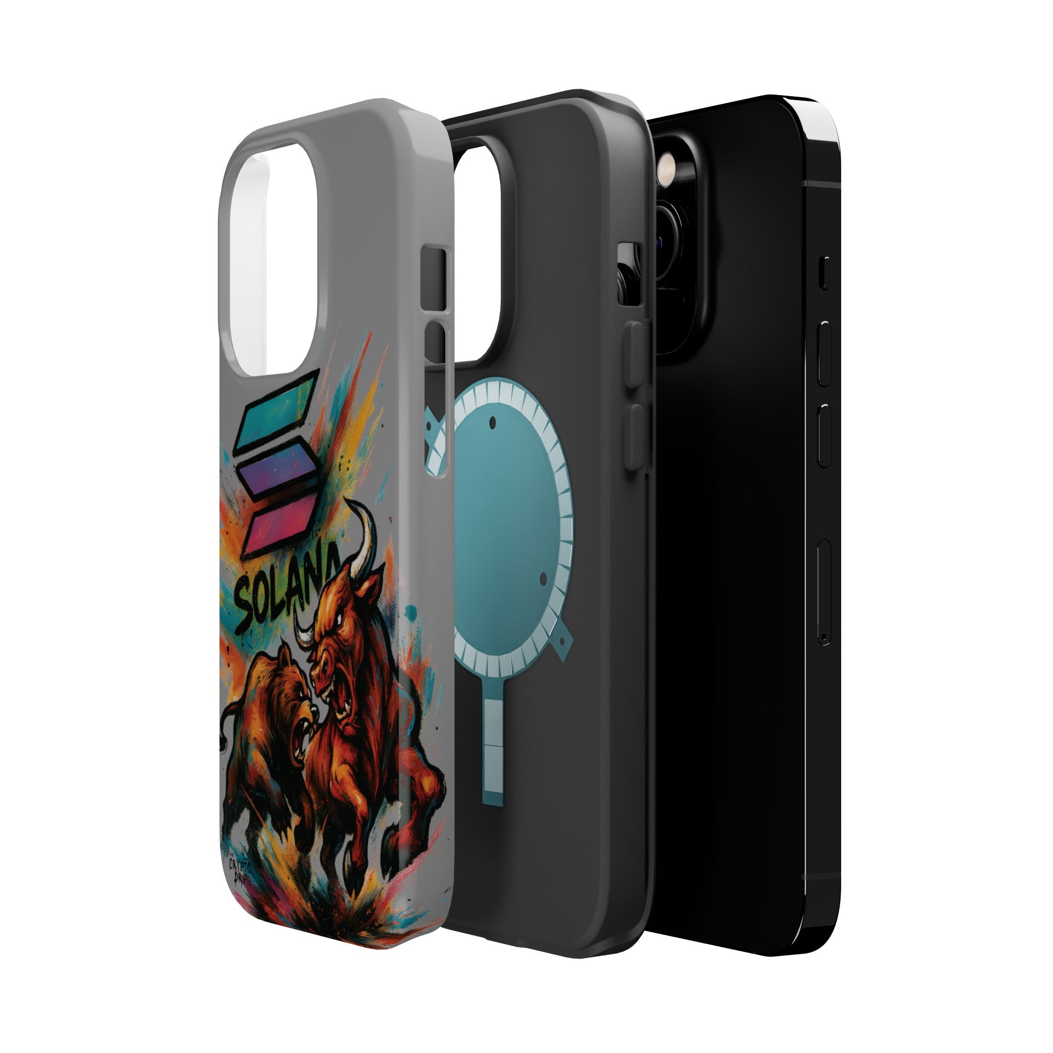 Solana Crypto Phone Case iPhone Case for iPhone 16 15 14 13 MagSafe Tough Case with Bull vs Bear Art Crypto Accessories for Degens