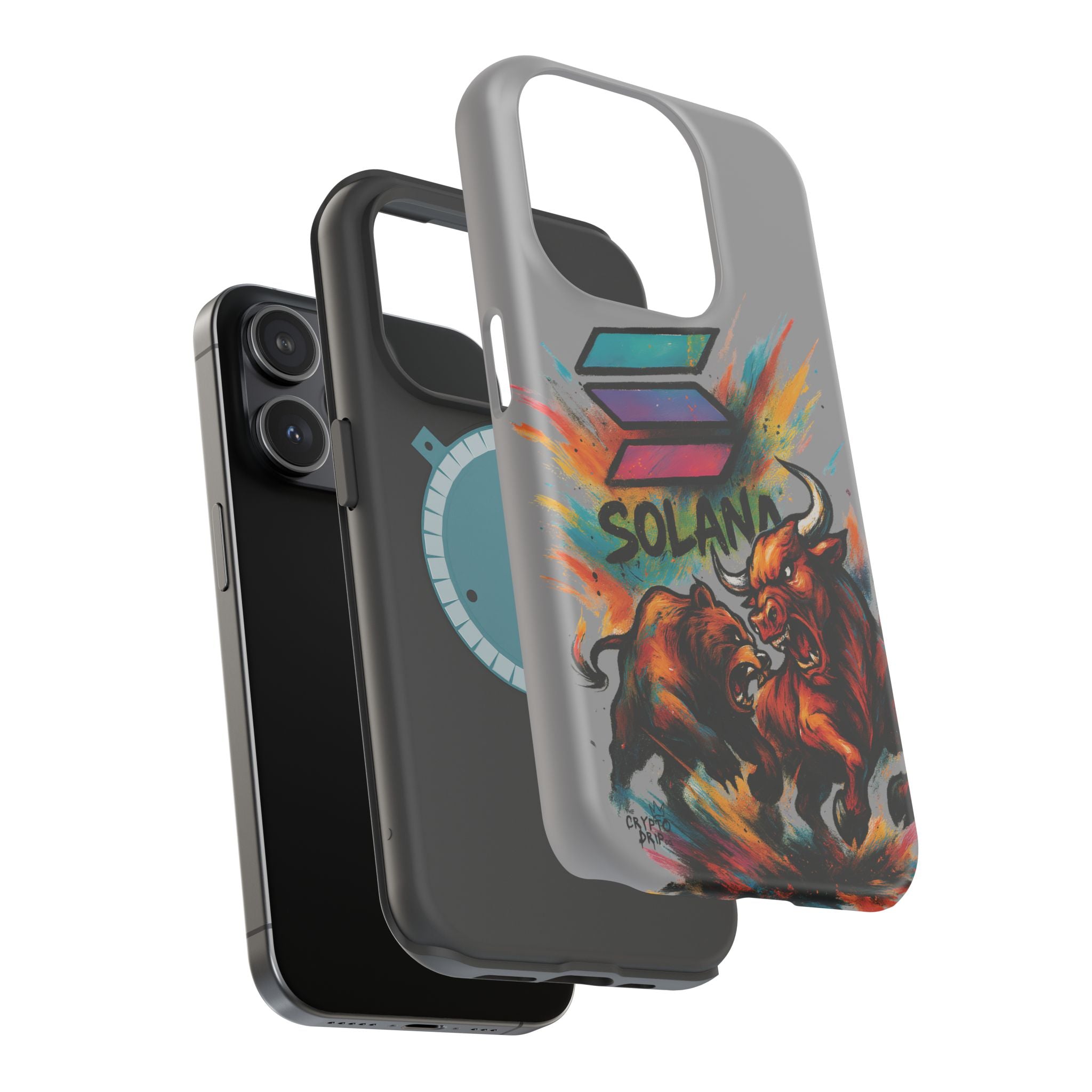 Solana Crypto Phone Case iPhone Case for iPhone 16 15 14 13 MagSafe Tough Case with Bull vs Bear Art Crypto Accessories for Degens