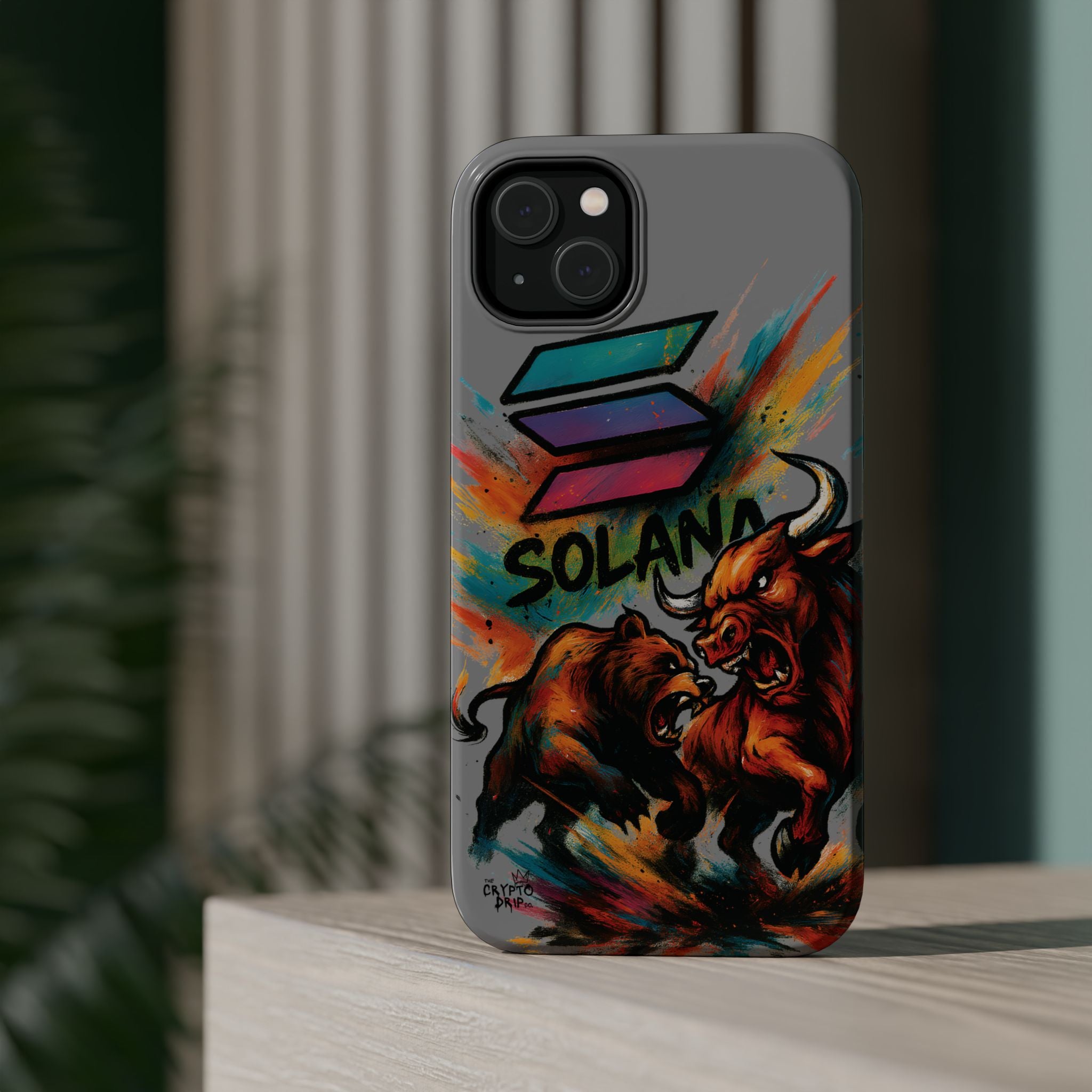 Solana Crypto Phone Case iPhone Case for iPhone 16 15 14 13 MagSafe Tough Case with Bull vs Bear Art Crypto Accessories for Degens