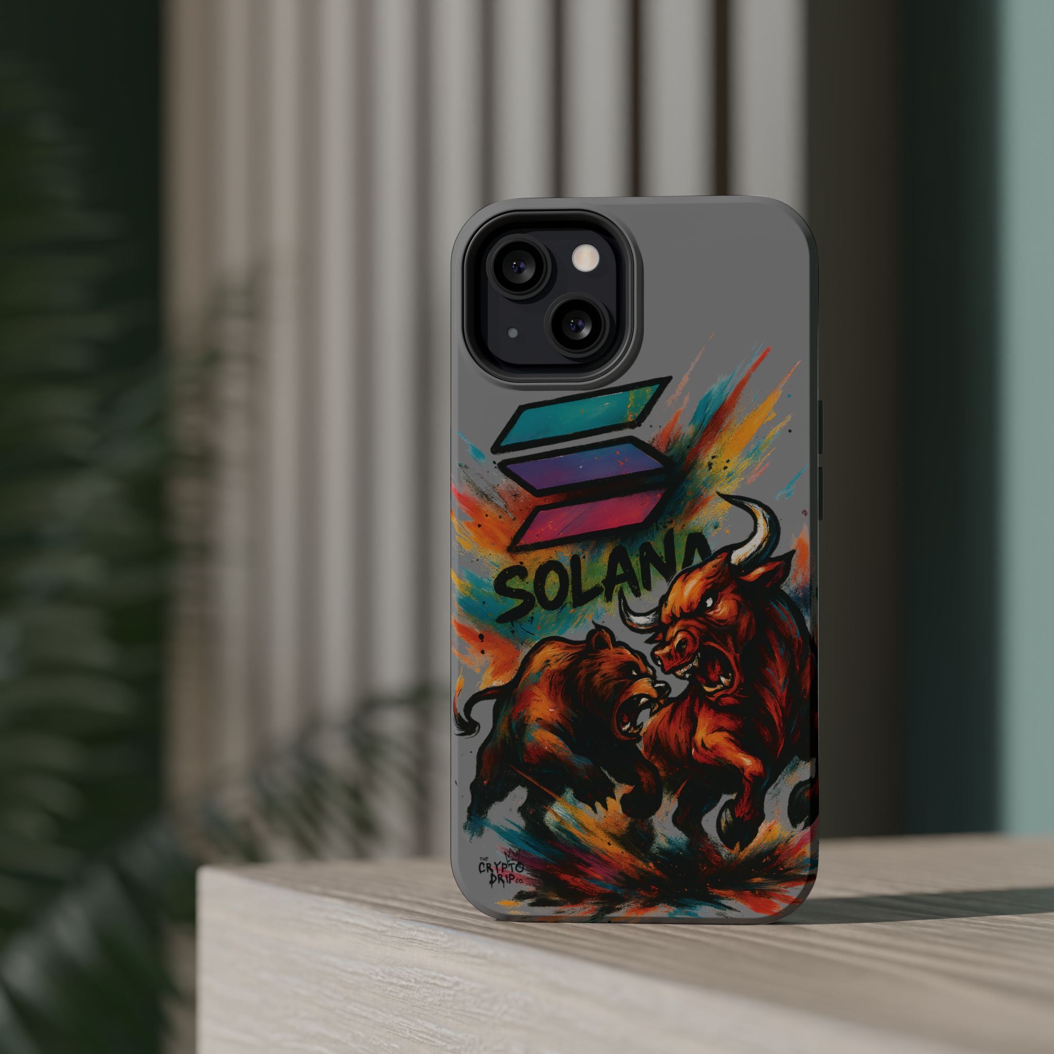 Solana Crypto Phone Case iPhone Case for iPhone 16 15 14 13 MagSafe Tough Case with Bull vs Bear Art Crypto Accessories for Degens